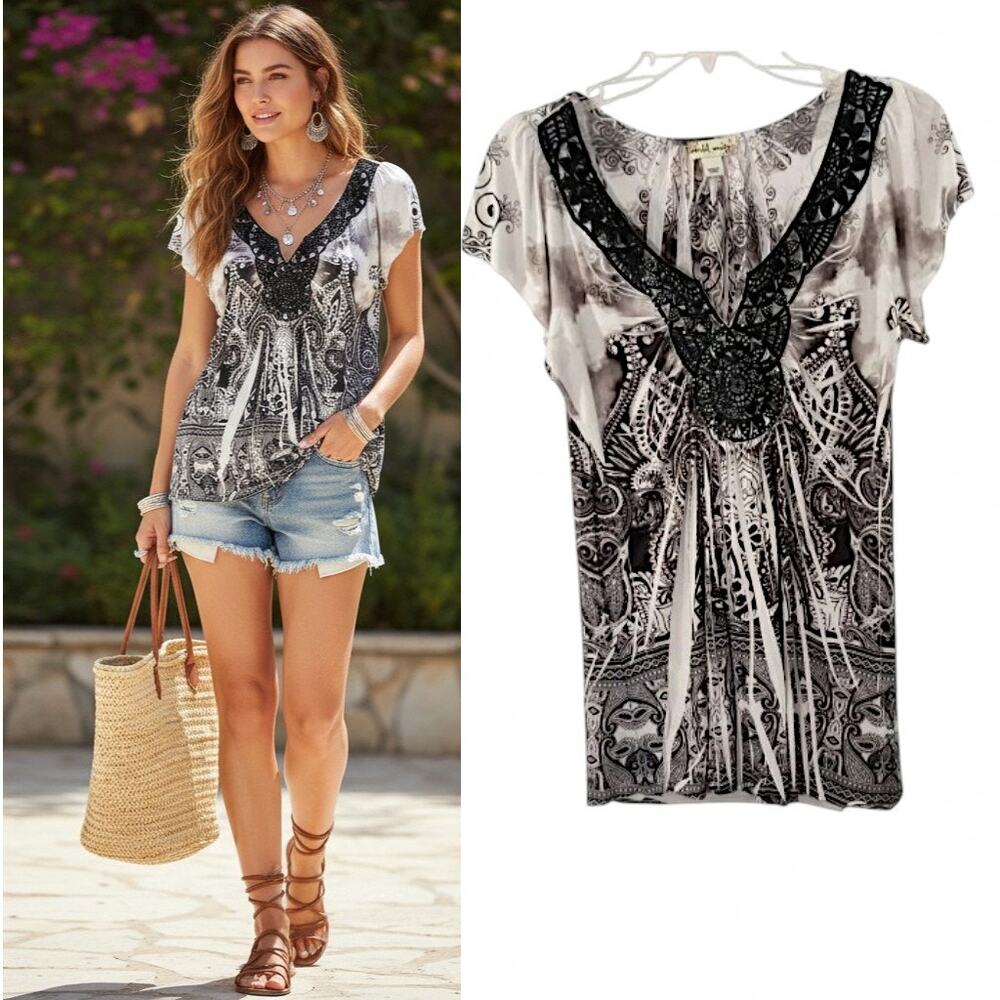 World Unity Boho Top Size S Black White Beaded Lace Pullover Cottagecore Hippie